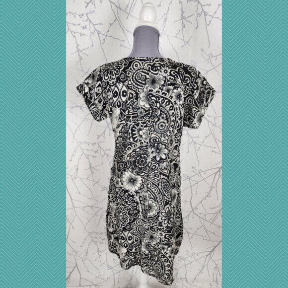 Le Nove Black Floral Paisley Print 100% Linen Flowy Midi Dress - Picture 3 of 4
